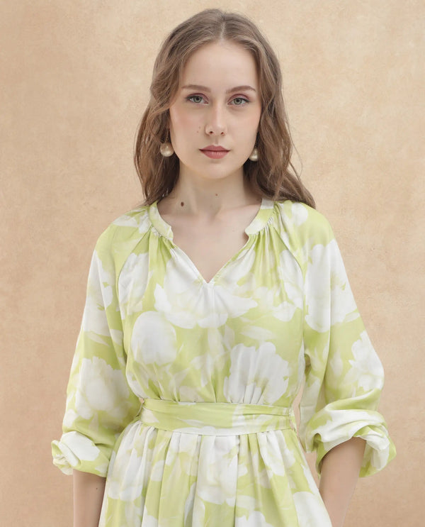 Rareism Women Emil Green Cotton Fabric Full Sleeves Tie-Up Closure Mandarin Collar Raglan Sleeve Fit And Flare Floral Print Maxi Dress
