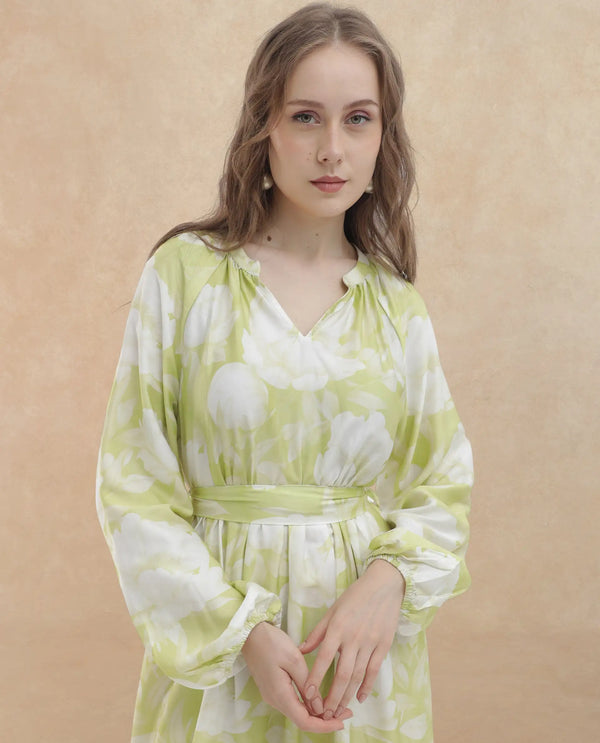 Rareism Women Emil Green Cotton Fabric Full Sleeves Tie-Up Closure Mandarin Collar Raglan Sleeve Fit And Flare Floral Print Maxi Dress