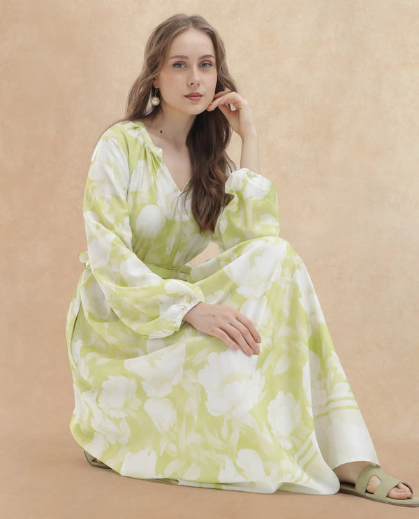 Rareism Women Emil Green Cotton Fabric Full Sleeves Tie-Up Closure Mandarin Collar Raglan Sleeve Fit And Flare Floral Print Maxi Dress