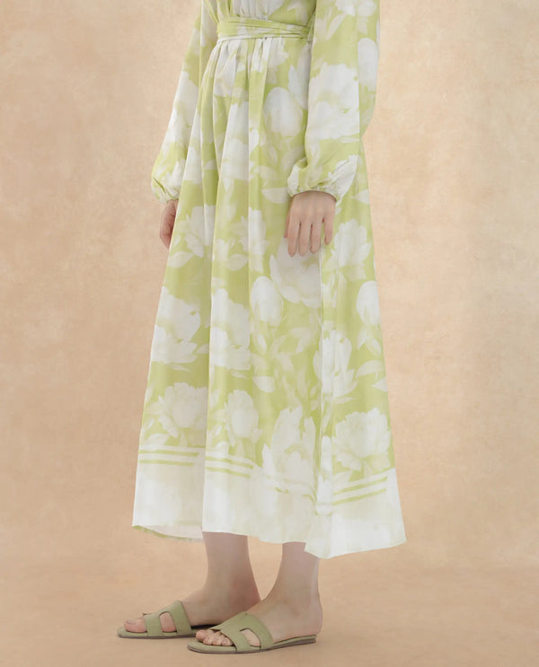 Rareism Women Emil Green Cotton Fabric Full Sleeves Tie-Up Closure Mandarin Collar Raglan Sleeve Fit And Flare Floral Print Maxi Dress