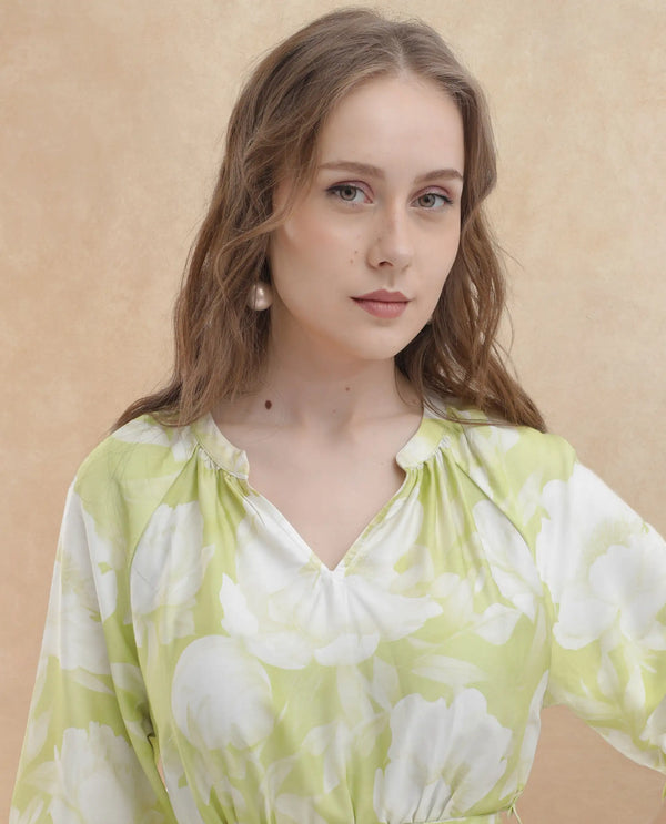 Rareism Women Emil Green Cotton Fabric Full Sleeves Tie-Up Closure Mandarin Collar Raglan Sleeve Fit And Flare Floral Print Maxi Dress
