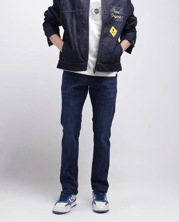 Rare Rabbit Men's Emil Dark Blue Cotton Polyester Fabric Zipper Closure Slim Fit Plain Jeans
