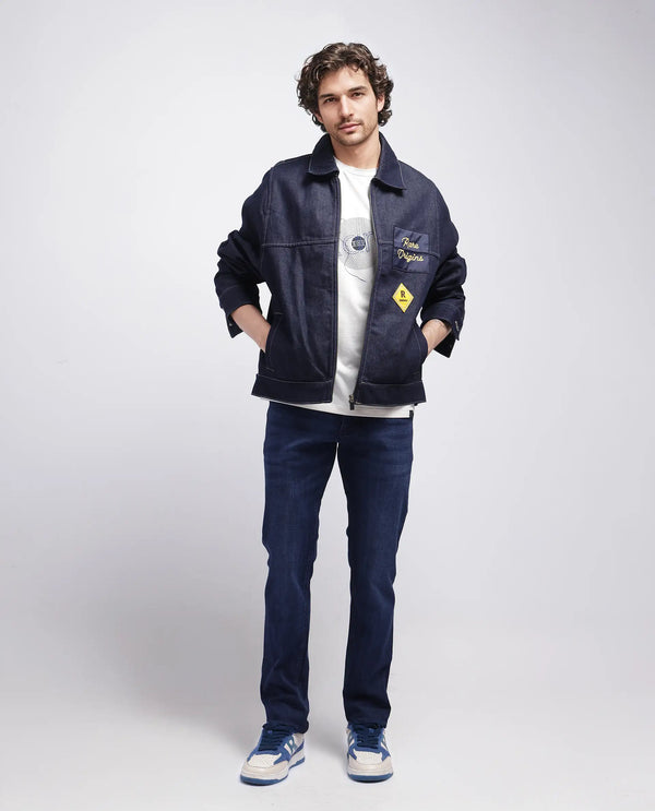 Rare Rabbit Men's Emil Dark Blue Cotton Polyester Fabric Zipper Closure Slim Fit Plain Jeans