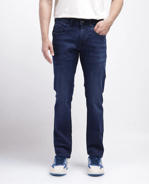 Rare Rabbit Men's Emil Dark Blue Cotton Polyester Fabric Zipper Closure Slim Fit Plain Jeans