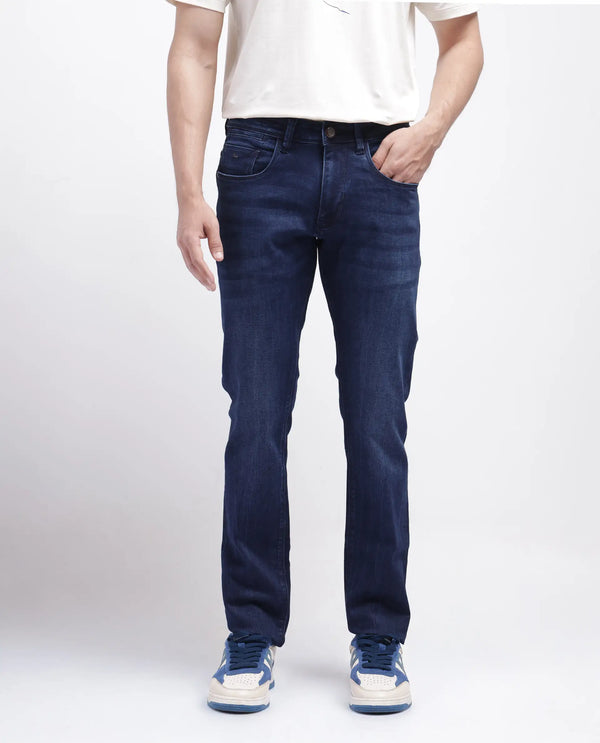 Rare Rabbit Men's Emil Dark Blue Cotton Polyester Fabric Zipper Closure Slim Fit Plain Jeans