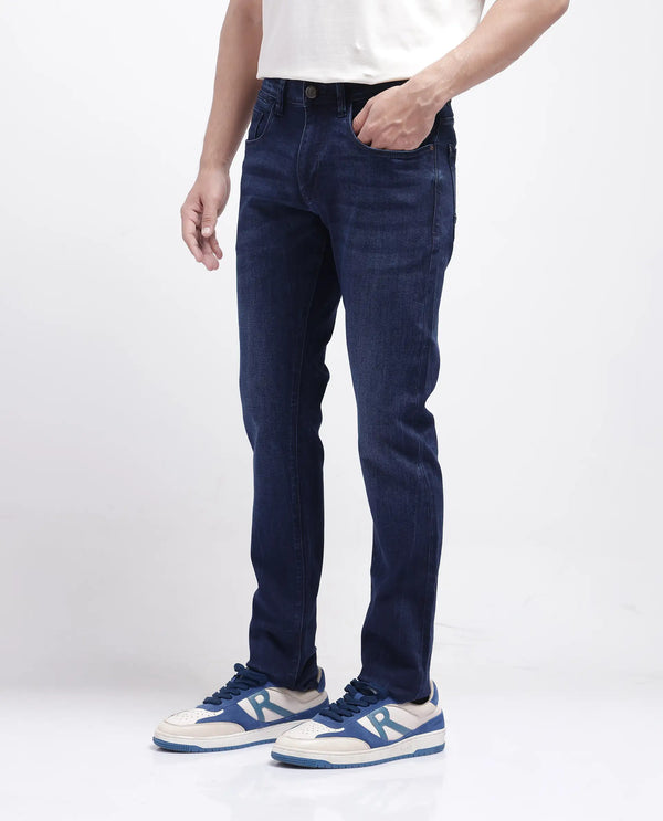 Rare Rabbit Men's Emil Dark Blue Cotton Polyester Fabric Zipper Closure Slim Fit Plain Jeans