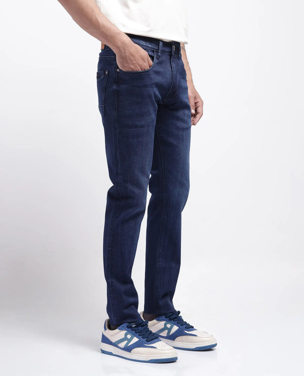Rare Rabbit Men's Emil Dark Blue Cotton Polyester Fabric Zipper Closure Slim Fit Plain Jeans