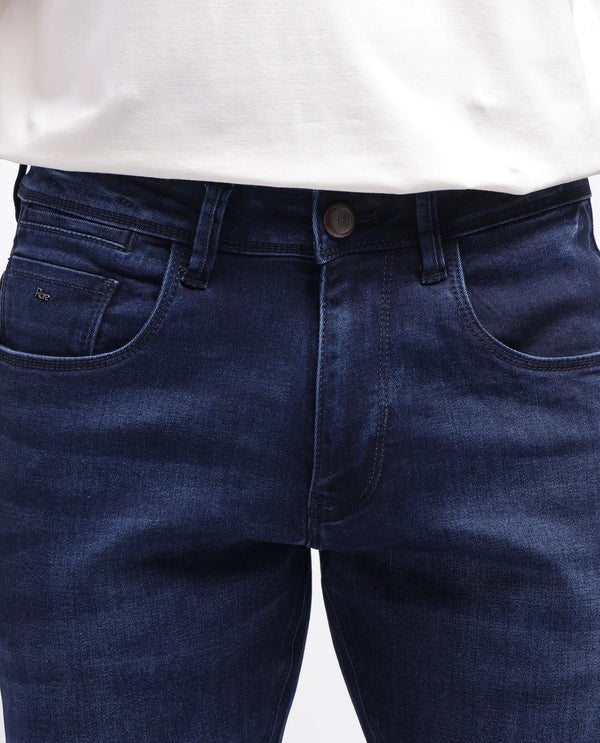Rare Rabbit Men's Emil Dark Blue Cotton Polyester Fabric Zipper Closure Slim Fit Plain Jeans