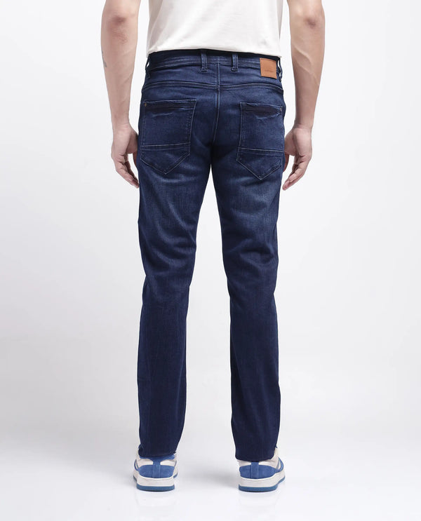 Rare Rabbit Men's Emil Dark Blue Cotton Polyester Fabric Zipper Closure Slim Fit Plain Jeans