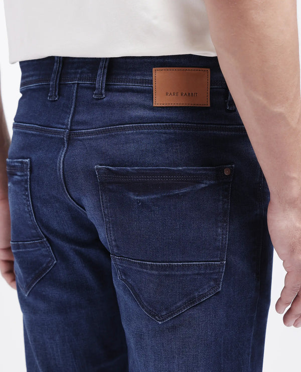 Rare Rabbit Men's Emil Dark Blue Cotton Polyester Fabric Zipper Closure Slim Fit Plain Jeans
