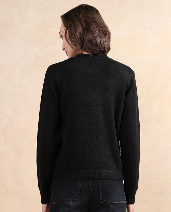 Rareism Women Emm Black Acrylic Polyester Fabric Relaxed Fit Plain Sweater