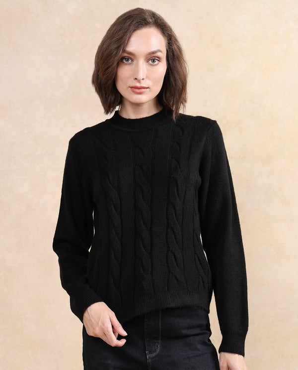 Rareism Women Emm Black Acrylic Polyester Fabric Relaxed Fit Plain Sweater