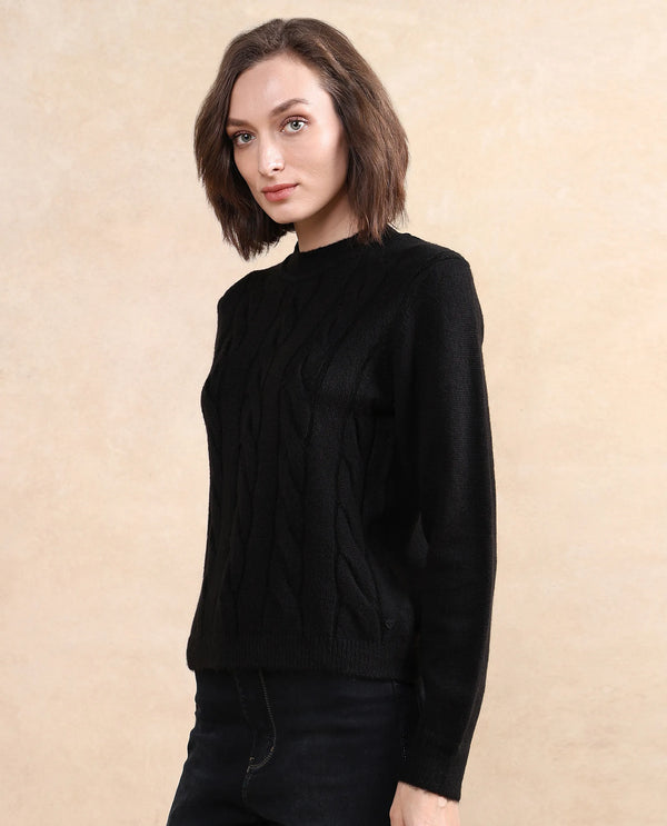 Rareism Women Emm Black Acrylic Polyester Fabric Relaxed Fit Plain Sweater