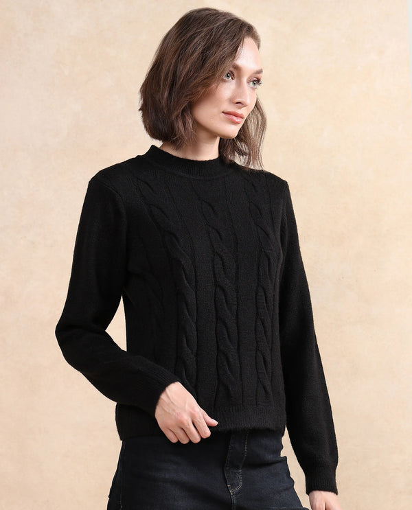 Rareism Women Emm Black Acrylic Polyester Fabric Relaxed Fit Plain Sweater