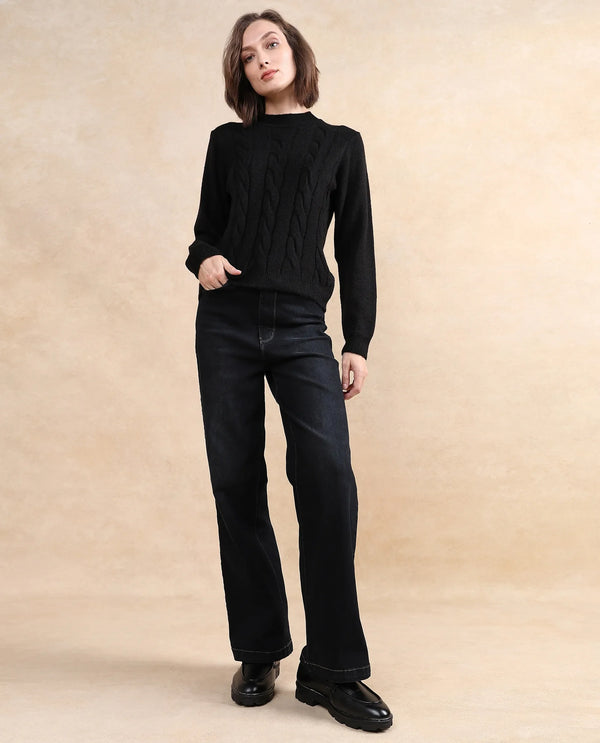 Rareism Women Emm Black Acrylic Polyester Fabric Relaxed Fit Plain Sweater
