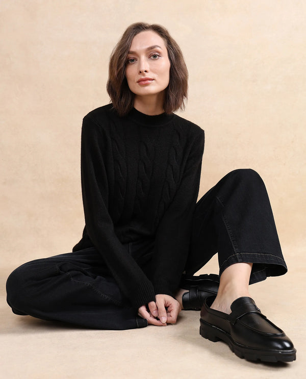 Rareism Women Emm Black Acrylic Polyester Fabric Relaxed Fit Plain Sweater