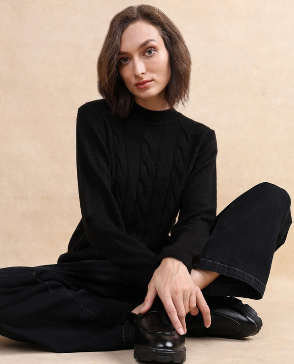 Rareism Women Emm Black Acrylic Polyester Fabric Relaxed Fit Plain Sweater