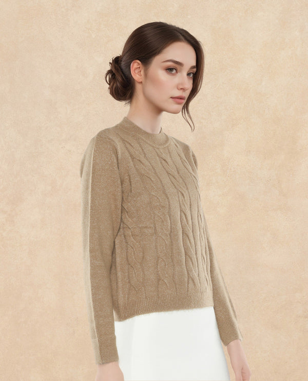 Rareism Women Emm Camel Acrylic Polyester Fabric Relaxed Fit Plain Sweater