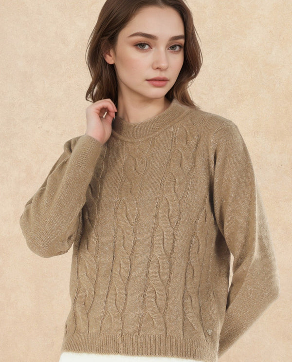 Rareism Women Emm Camel Acrylic Polyester Fabric Relaxed Fit Plain Sweater