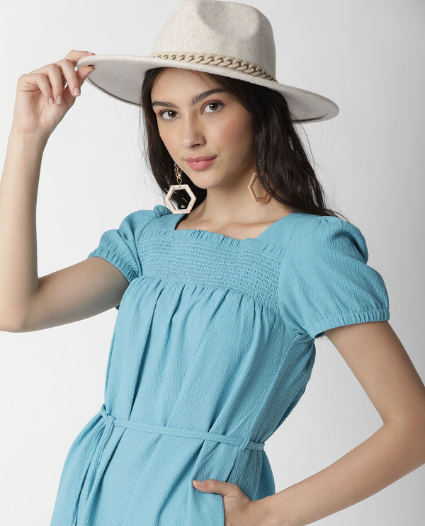 Rareism Women Empress Blue Smoked Square Neck Puff Sleeves With Fabric Waist Belt And Pockets High Low Dress