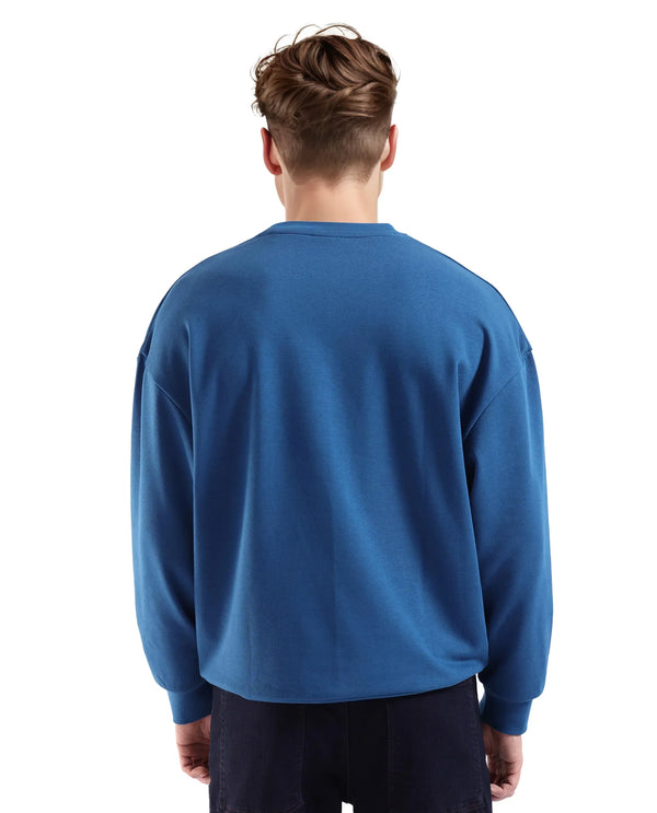 Rare Rabbit Men's Emro Dark Blue Cotton Blend Fabric Full Sleeve Crew Neck Boxy Fit Printed Sweatshirt