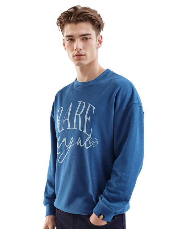 Rare Rabbit Men's Emro Dark Blue Cotton Blend Fabric Full Sleeve Crew Neck Boxy Fit Printed Sweatshirt