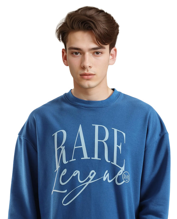 Rare Rabbit Men's Emro Dark Blue Cotton Blend Fabric Full Sleeve Crew Neck Boxy Fit Printed Sweatshirt