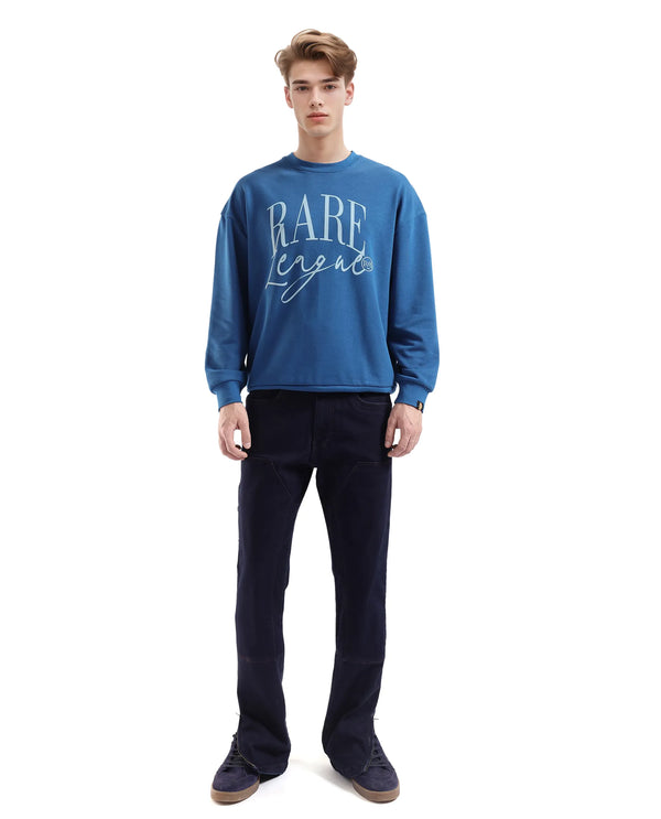 Rare Rabbit Men's Emro Dark Blue Cotton Blend Fabric Full Sleeve Crew Neck Boxy Fit Printed Sweatshirt