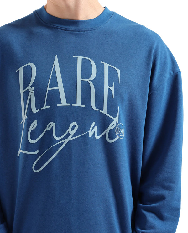 Rare Rabbit Men's Emro Dark Blue Cotton Blend Fabric Full Sleeve Crew Neck Boxy Fit Printed Sweatshirt
