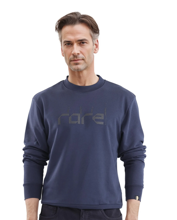 Rare Rabbit Men Emry Navy Cotton Polyester Fabric Full Sleeve Crew Neck Regular Fit Printed Sweatshirt