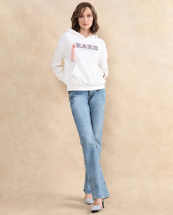 Rareism Women Emtap Off White Cotton Blend Fabric Full Sleeve Hooded Relaxed Fit Graphic Print Sweatshirt