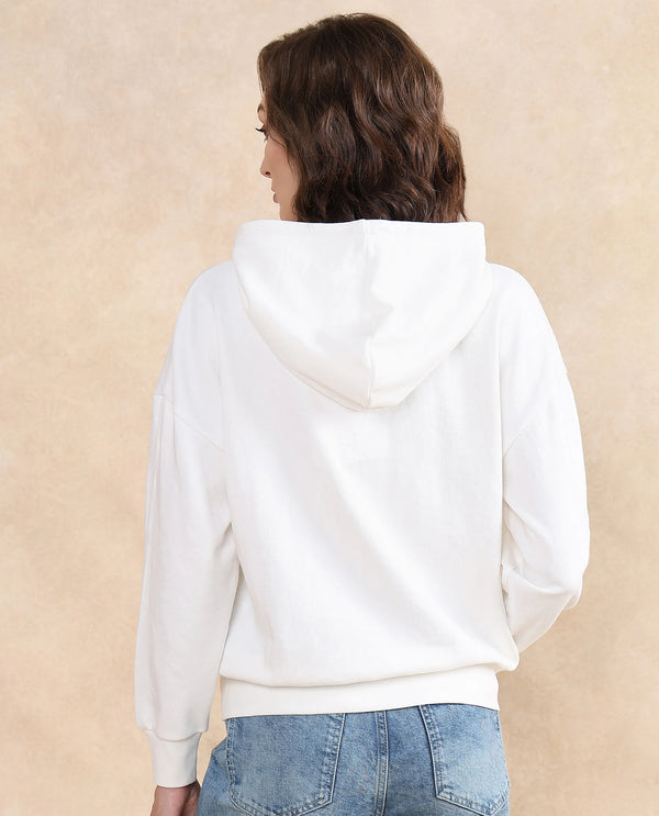 Rareism Women Emtap Off White Cotton Blend Fabric Full Sleeve Hooded Relaxed Fit Graphic Print Sweatshirt
