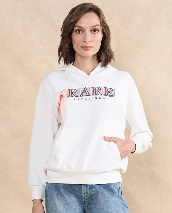 Rareism Women Emtap Off White Cotton Blend Fabric Full Sleeve Hooded Relaxed Fit Graphic Print Sweatshirt