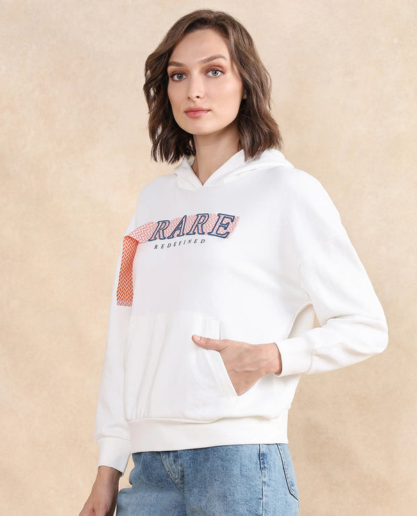 Rareism Women Emtap Off White Cotton Blend Fabric Full Sleeve Hooded Relaxed Fit Graphic Print Sweatshirt