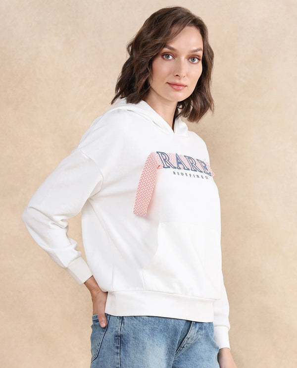 Rareism Women Emtap Off White Cotton Blend Fabric Full Sleeve Hooded Relaxed Fit Graphic Print Sweatshirt
