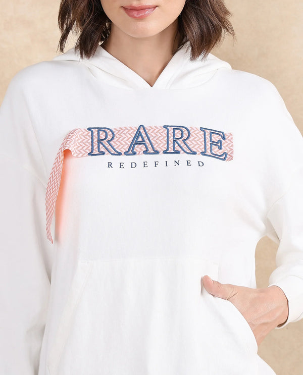 Rareism Women Emtap Off White Cotton Blend Fabric Full Sleeve Hooded Relaxed Fit Graphic Print Sweatshirt