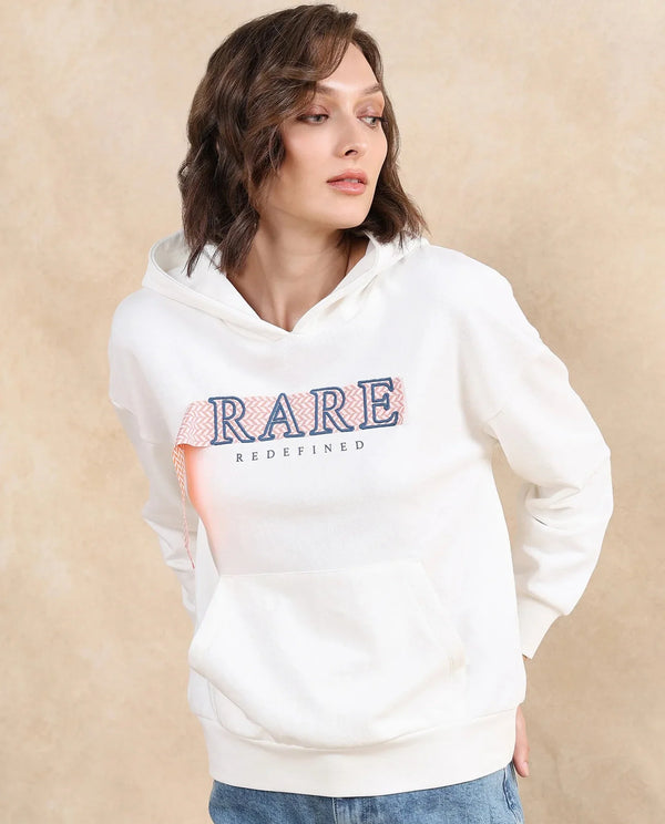 Rareism Women Emtap Off White Cotton Blend Fabric Full Sleeve Hooded Relaxed Fit Graphic Print Sweatshirt