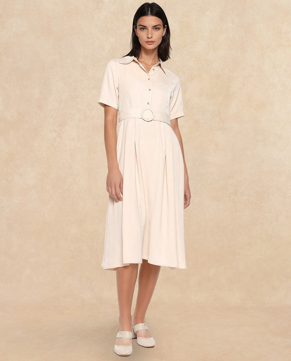 Rareism Women Enbarry Off White Satin Fabric Boxy Sleeve Collared Neck Button Closure Fit And Flare Midi Plain Dress