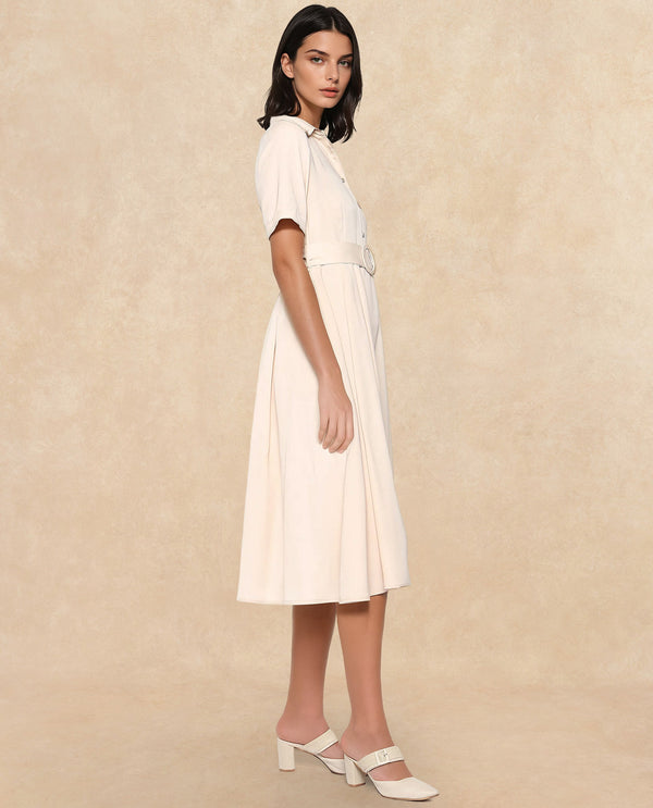 Rareism Women Enbarry Off White Satin Fabric Boxy Sleeve Collared Neck Button Closure Fit And Flare Midi Plain Dress