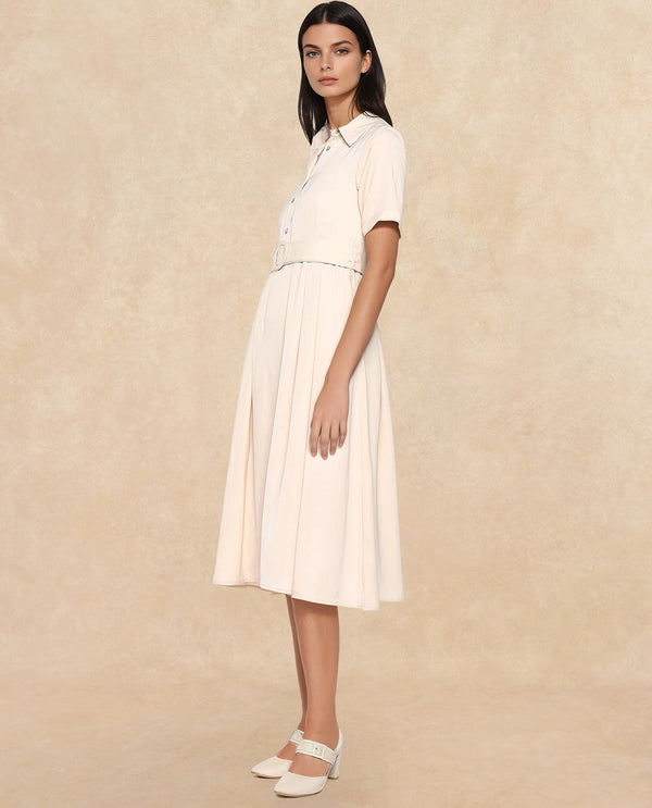 Rareism Women Enbarry Off White Satin Fabric Boxy Sleeve Collared Neck Button Closure Fit And Flare Midi Plain Dress