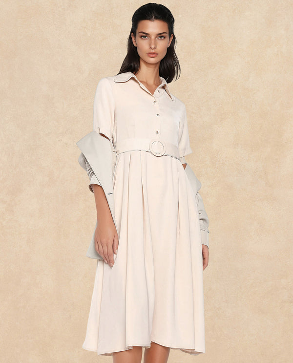 Rareism Women Enbarry Off White Satin Fabric Boxy Sleeve Collared Neck Button Closure Fit And Flare Midi Plain Dress