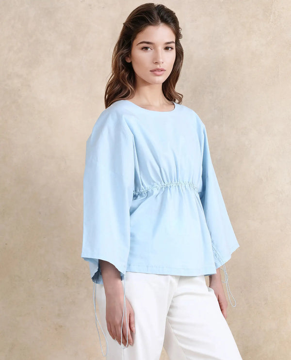 Rareism Women Eniv Light Blue Cotton Fabric Extended Sleeves Round Neck Plain Top