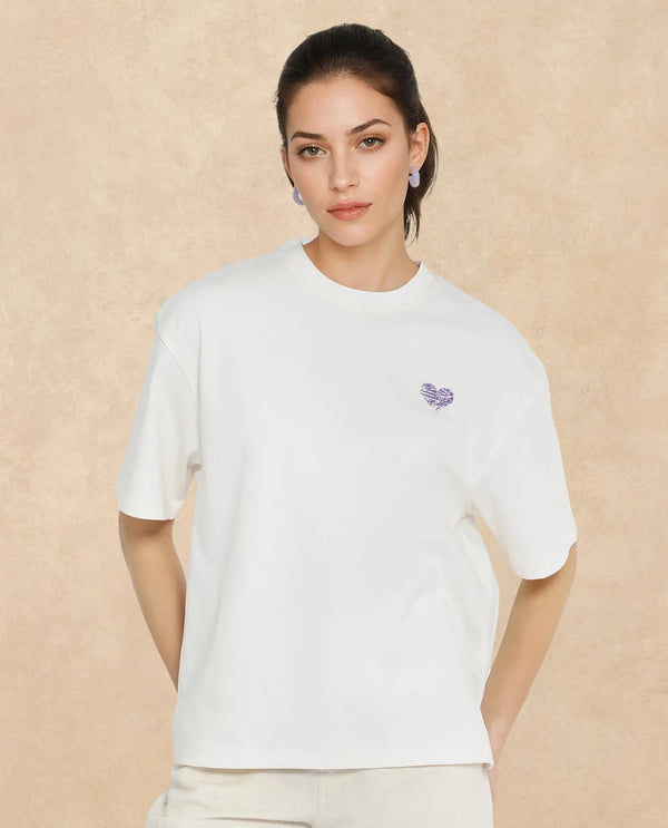 Rareism Women Enrique Off White Cotton Fabric Short Sleeve Crew Neck Solid T-Shirt