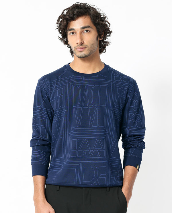 Rare Rabbit Men's Ensign Navy Cotton Polyester Fabric Full Sleeves Monogram Print Sweatshirt