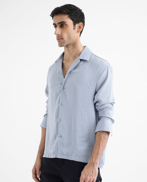 Rare Rabbit Articale Men's Enzo Dusky Blue Polyester Fabric Full Sleeve Cuban Collered Button Closure Slim Fit Solid Shirt