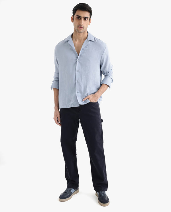 Rare Rabbit Articale Men's Enzo Dusky Blue Polyester Fabric Full Sleeve Cuban Collered Button Closure Slim Fit Solid Shirt