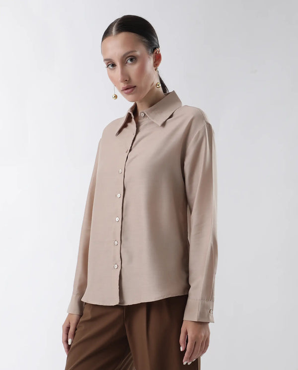 Rareism Women Epets Beige Button Closure Polyester Regular Regular Shirt