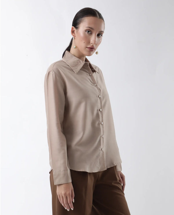 Rareism Women Epets Beige Button Closure Polyester Regular Regular Shirt