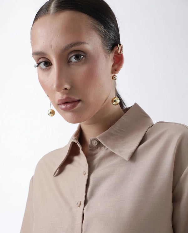 Rareism Women Epets Beige Button Closure Polyester Regular Regular Shirt