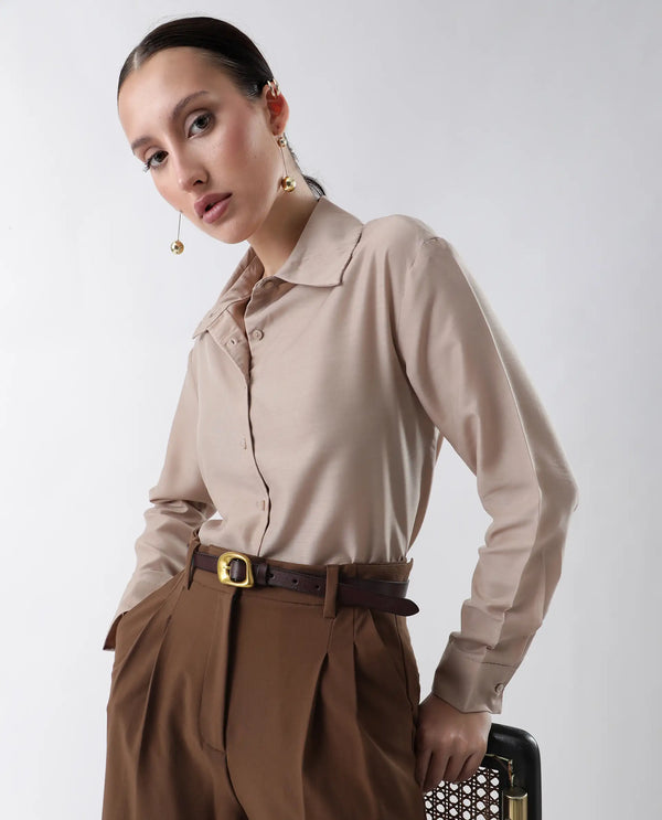 Rareism Women Epets Beige Button Closure Polyester Regular Regular Shirt